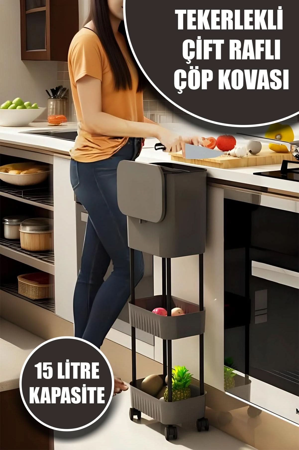 🗑️TEKERLEKLİ ÇİFT RAFLI ORİGA ÇÖP KOVASI - dibidip