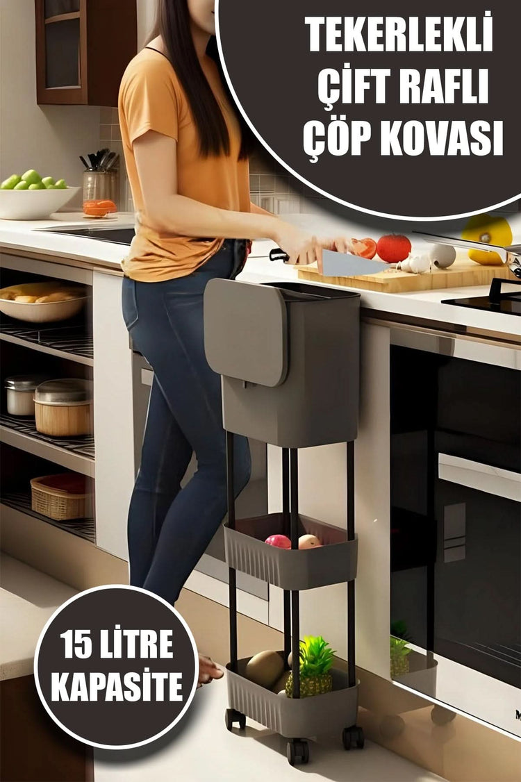 🗑️TEKERLEKLİ ÇİFT RAFLI ORİGA ÇÖP KOVASI - dibidip
