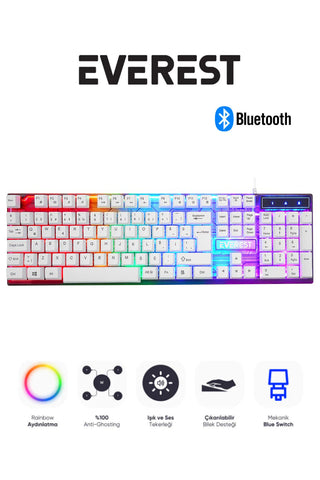 BEYAZ GÖKKUŞAĞI IŞIKLI USB KABLOLU OYUNCU KLAVYE & MOUSE SETİ