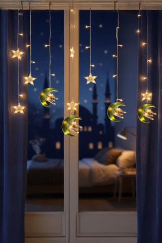 YEŞİL HİLAL CAMİ & YILDIZ 3MT FİŞLİ & EKLEMELİ RAMAZAN DEKOR PERDE LED