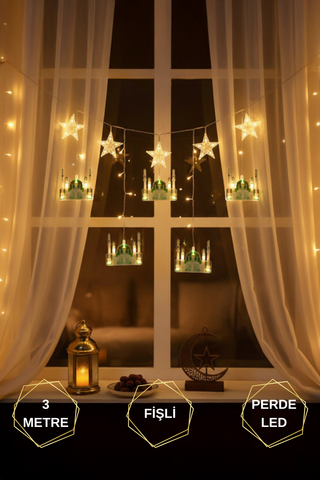 YEŞİL CAMİ & YILDIZ 3MT FİŞLİ & EKLEMELİ RAMAZAN DEKOR PERDE LED