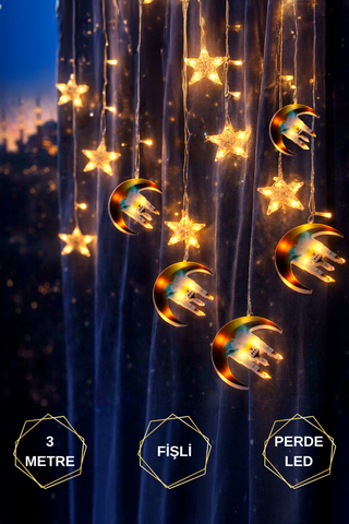 HİLAL & CAMİ & YILDIZ 3MT FİŞLİ & EKLEMELİ RAMAZAN DEKOR PERDE LED