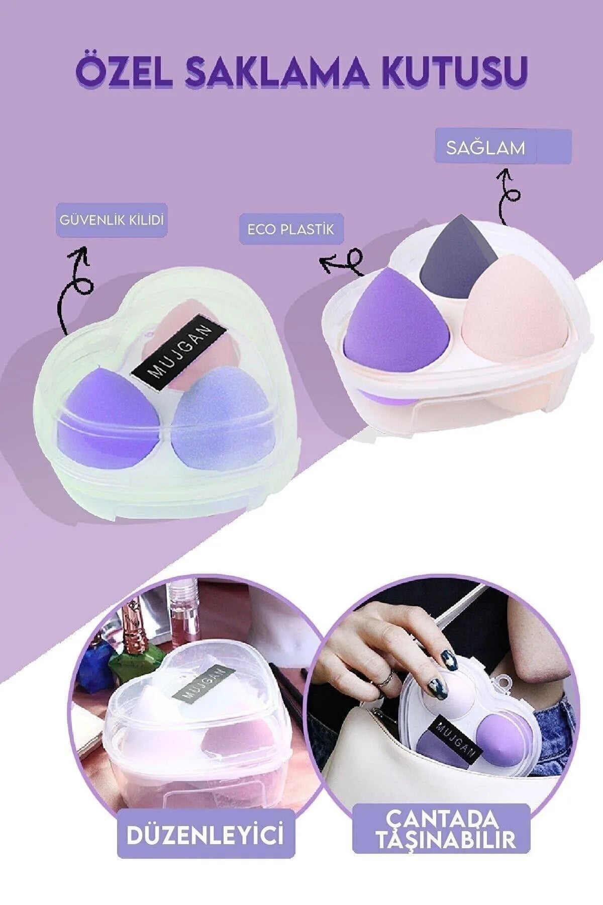 💜KALP STANDI 3 LÜ MOR MAKYAJ SÜNGERİ - dibidip
