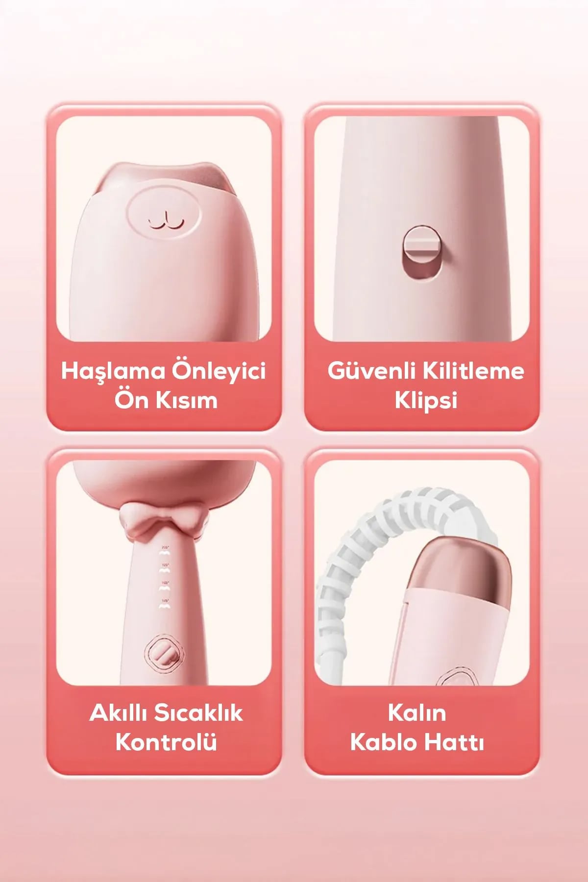 🐱PEMBE KEDİ FİGÜRLÜ SERAMİK SAÇ ŞEKİLLENDİRİCİ - dibidip