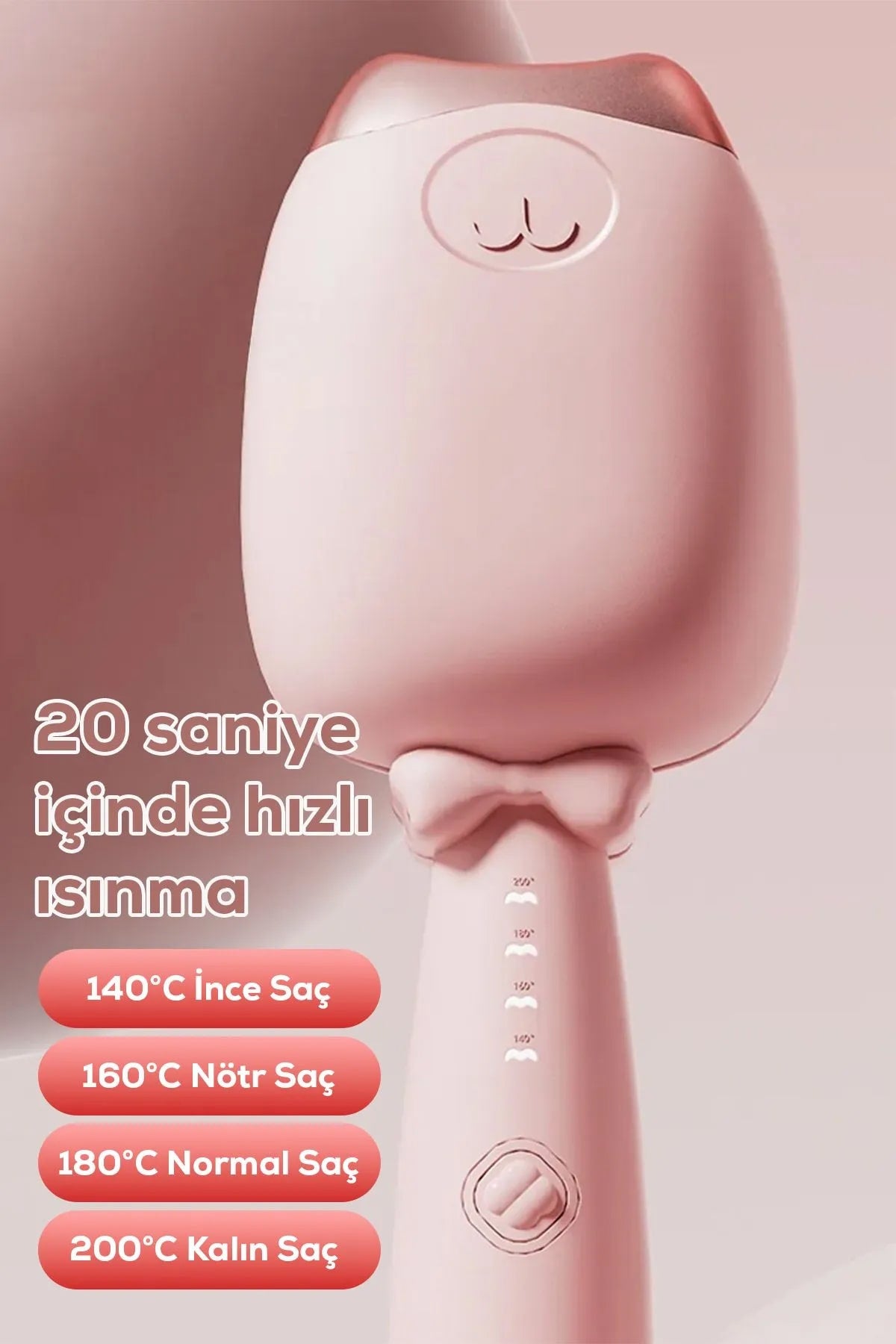 🐱PEMBE KEDİ FİGÜRLÜ SERAMİK SAÇ ŞEKİLLENDİRİCİ - dibidip