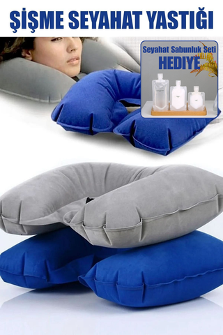 Şişme Seyahat Yastığı + 3 lü Seyahat Sabunluk Seti Hediyeli