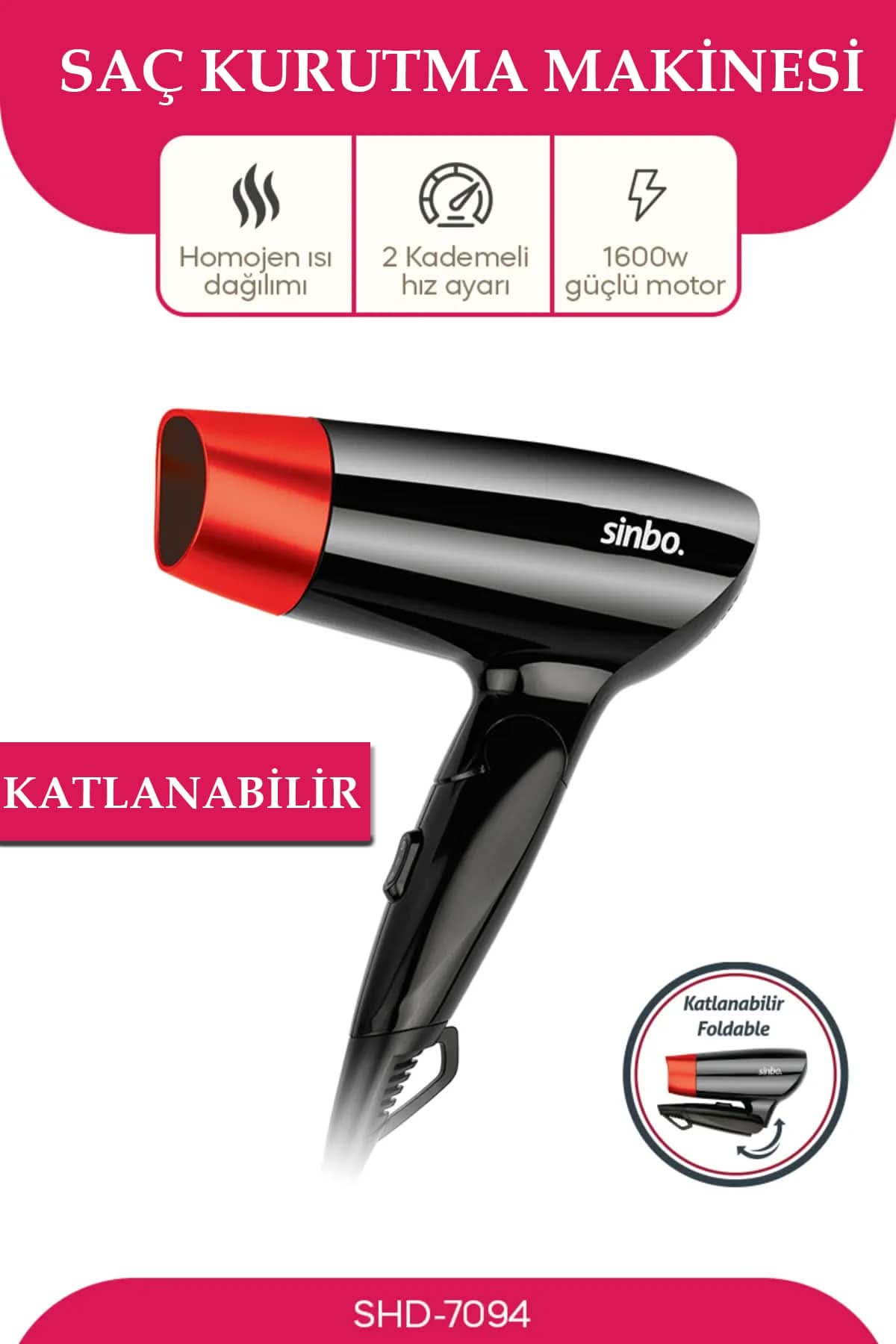SİNBO SHD-7097 KATLANABİLİR SAÇ KURUTMA MAKİNESİ - dibidip