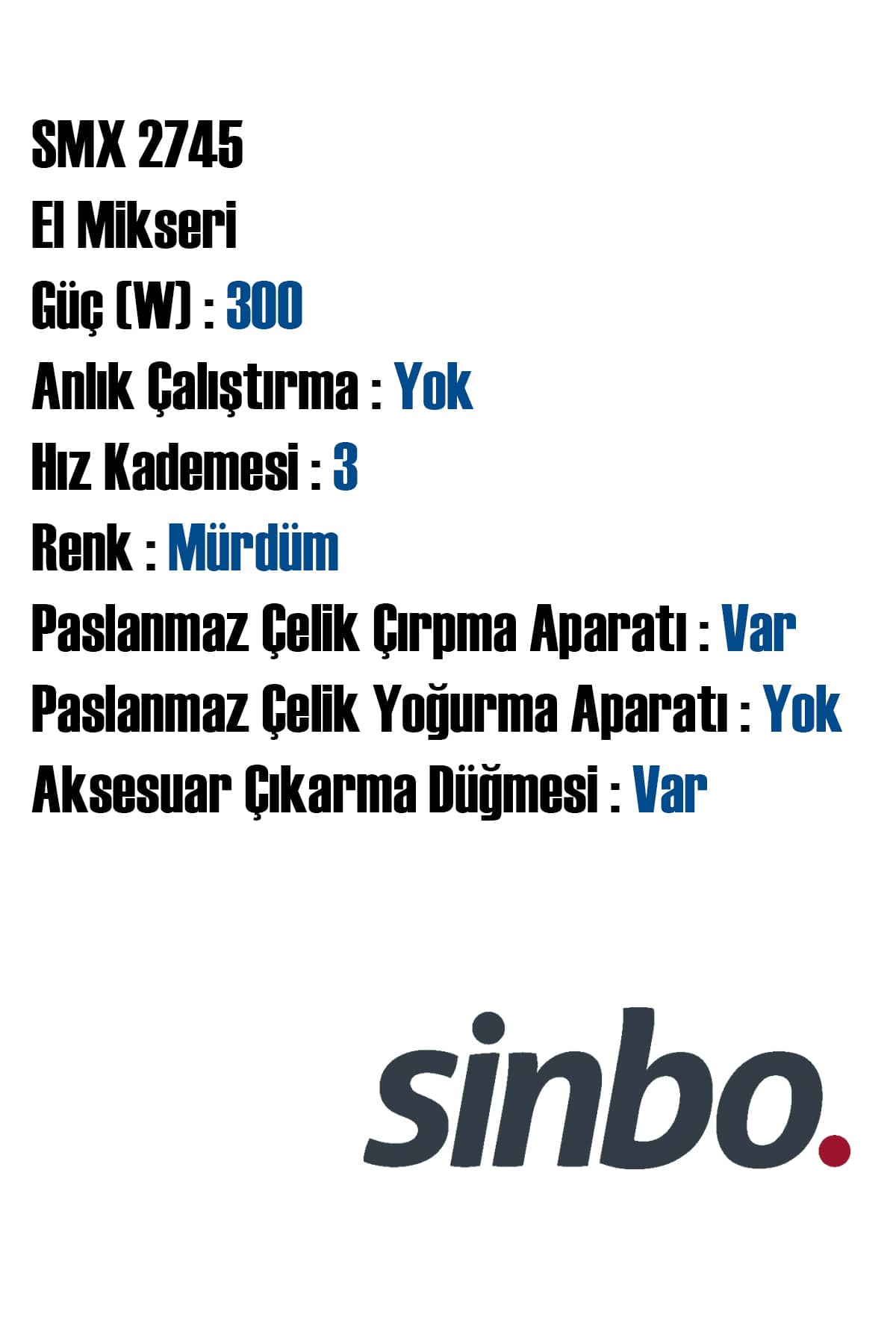 SİNBO SMX-2745 ÇİFT ÇIRPMA EL MİKSERİ - dibidip