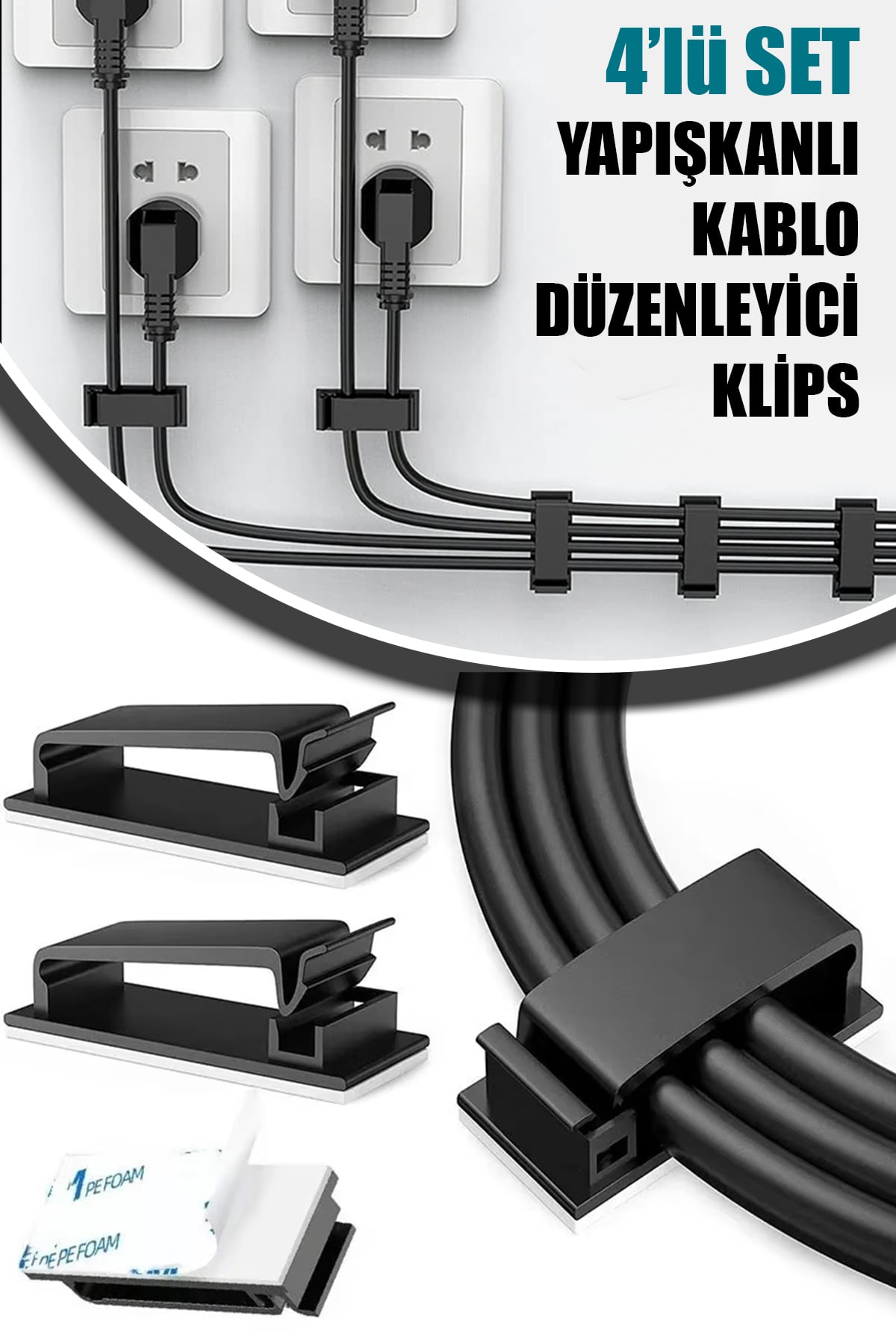 🔌YAPIŞKANLI KABLO DÜZENLEYİCİ KLİPS 4'LÜ SET - dibidip 