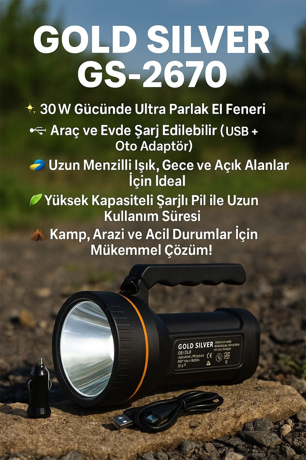 🔦GOLD SİLVER ADAPTÖR ŞARJLI EL FENERİ PROJEKTÖR - dibidip