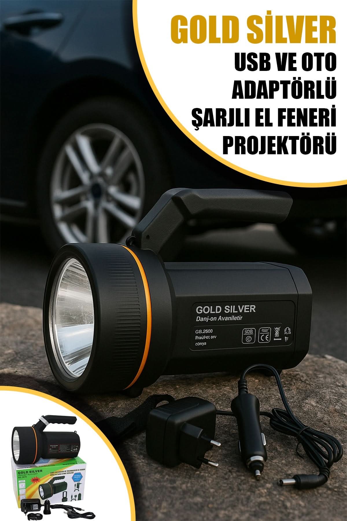 🔦GOLD SİLVER ADAPTÖR ŞARJLI EL FENERİ PROJEKTÖR - dibidip