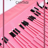 24 LÜ PEMBE RENKLİ DERİ ÇANTALI MAKYAJFIRÇA SETİ