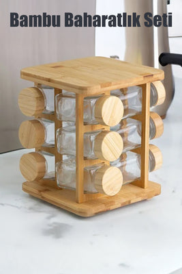 İBİCO 12 PARÇA KARE & DÖNER STANDLI CAM & BAMBU KAPAK TUZLUK & BAHARATLIK