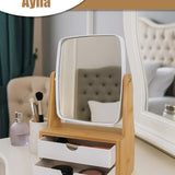 2 ÇEKMECELİ BAMBU AHŞAP STANDLI MAKYAJ AYNASI