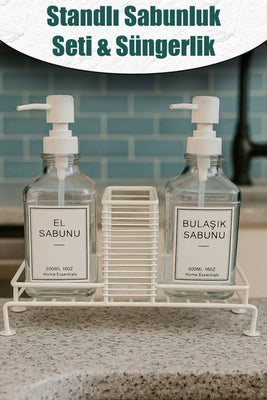 İBİCO 3 PARÇA METAL STANDLI & CAM SIVI SABUNLUK SETİ