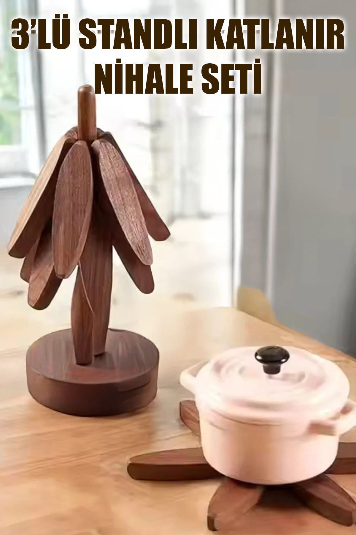 3 LÜ BAMBU AHŞAP STANDLI KATLANABİLİR NİHALE