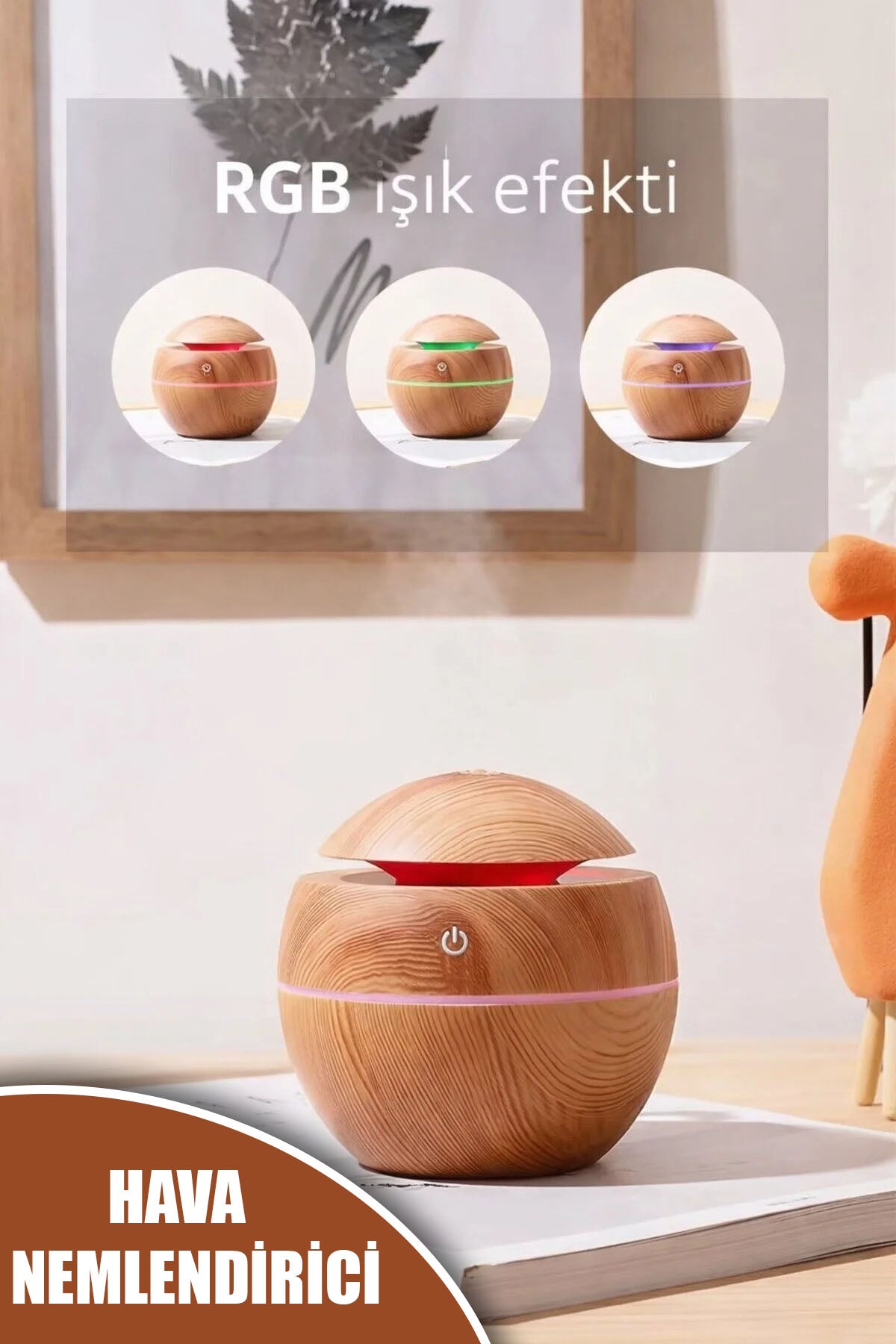 YUVARLAK AHŞAP GÖRÜNÜMLÜ USB ŞARJLI & IŞIKLI  HAVA NEMLENDİRİCİ