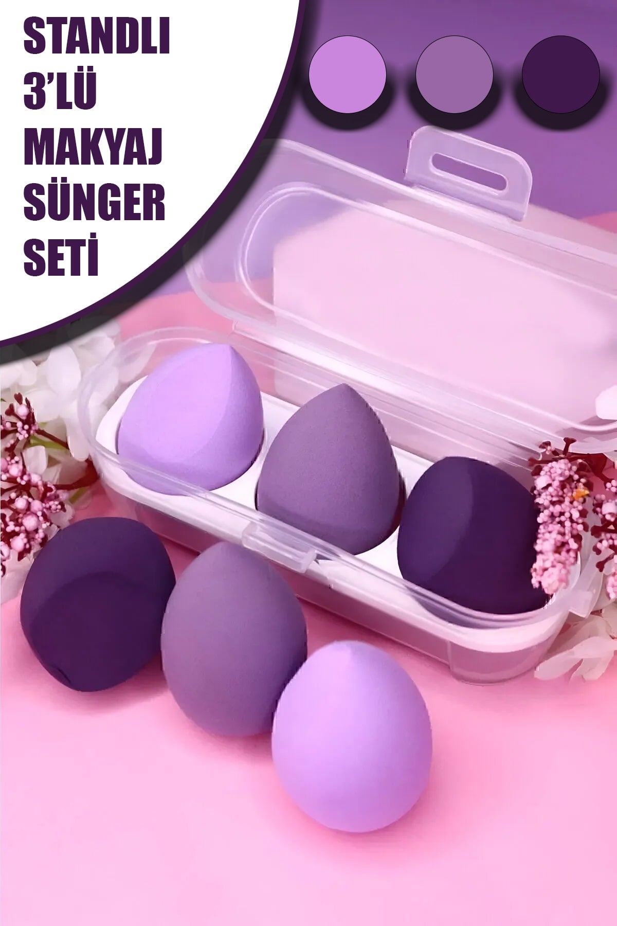 💜3'LÜ STANDLI MOR MAKYAJ SÜNGER SETİ - dibidip 