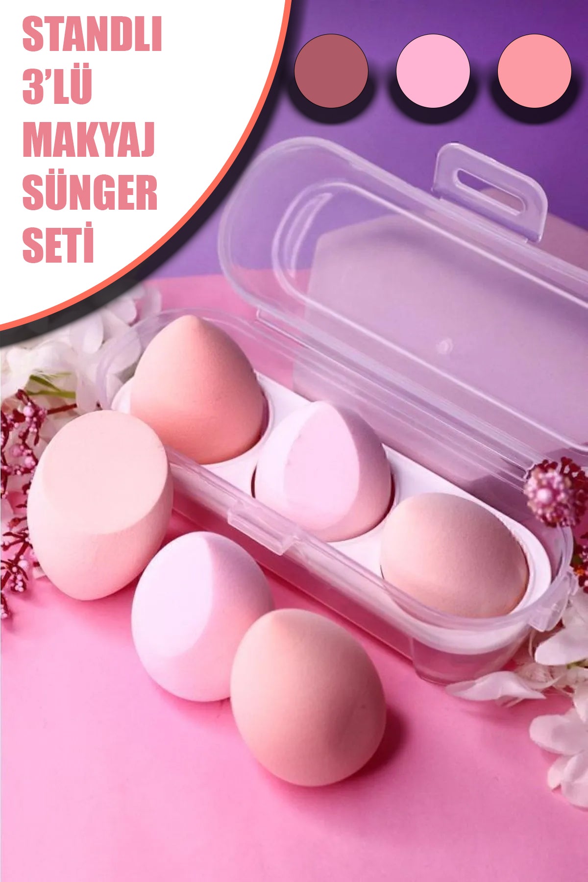💗3'LÜ STANDLI PEMBE MAKYAJ SÜNGER SETİ - dibidip 