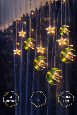 YEŞİL HİLAL CAMİ & YILDIZ 3MT  FİŞLİ & EKLEMELİ RAMAZAN DEKOR PERDE LED