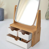 3 ÇEKMECELİ BAMBU AHŞAP STANDLI MAKYAJ AYNASI