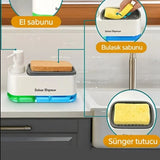 Çift Hazneli Sıvı Sabunluk Ve Otomatik Deterjanlık Süngerli El ve Bulaşık Sabunu Seti