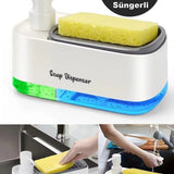 Çift Hazneli Sıvı Sabunluk Ve Otomatik Deterjanlık Süngerli El ve Bulaşık Sabunu Seti