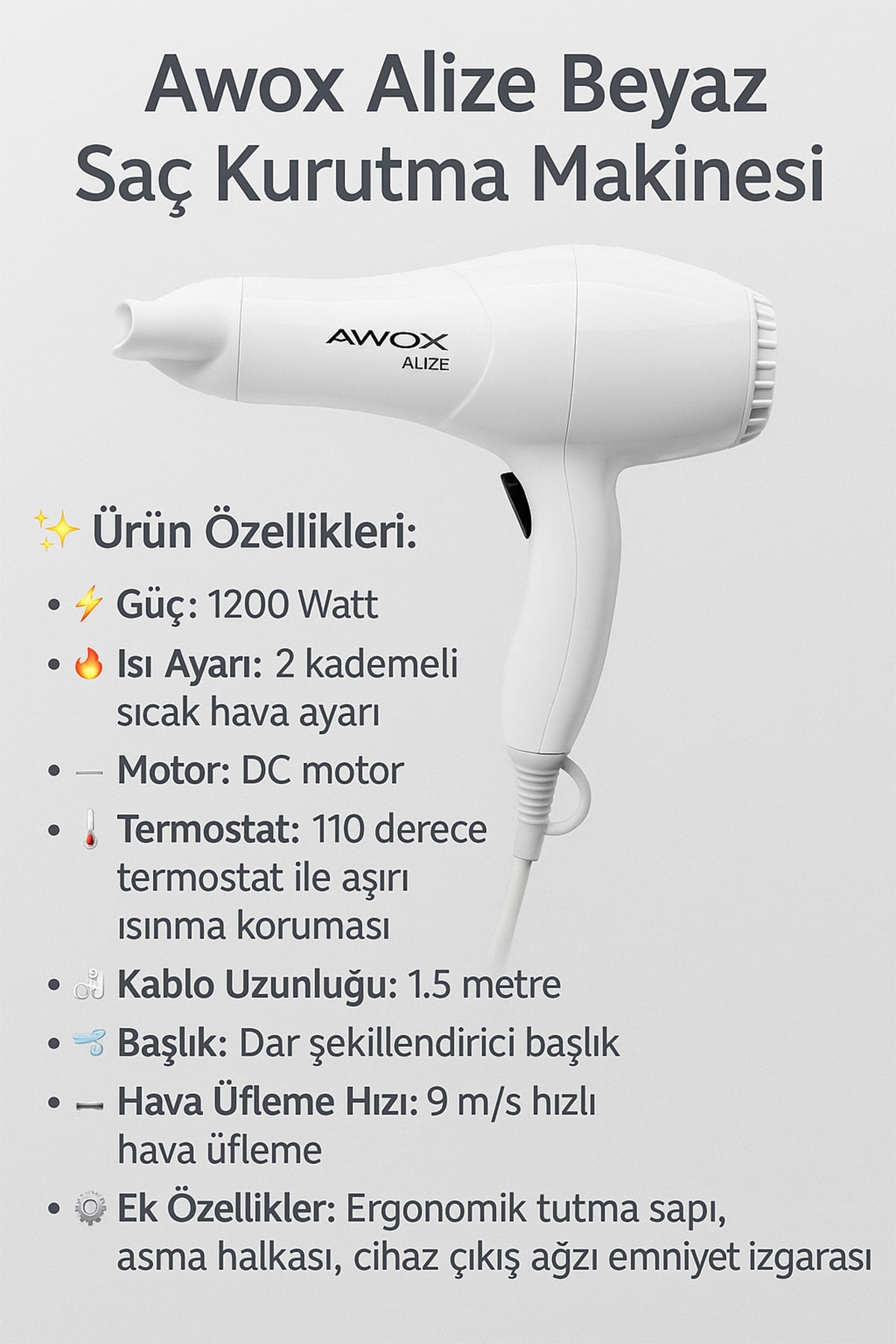 AWOX ALİZE BEYAZ SAÇ KURUTMA FÖN MAKİNESİ - dibidip 