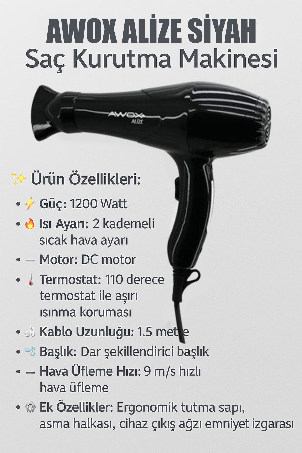 AWOX ALİZE SİYAH SAÇ KURUTMA FÖN MAKİNESİ - dibidip 