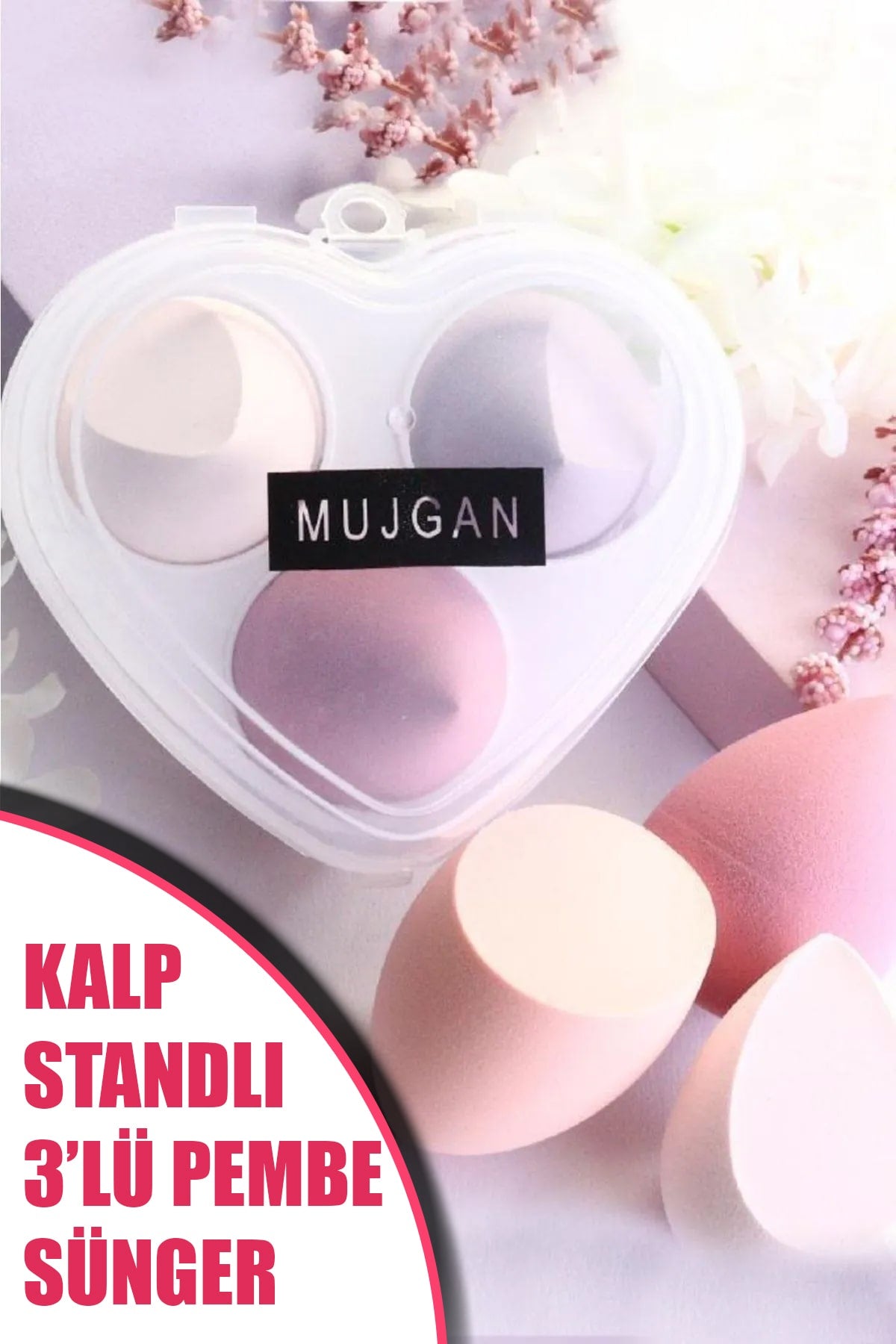🩷KALP STANDLI 3 LÜ PEMBE MAKYAJ SÜNGERİ - dibidip 