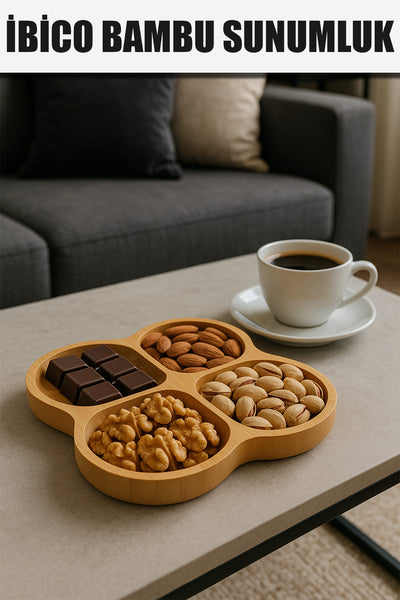 İBİCO KARE 4 YUVARLAK KÖŞELİ & BÖLMELİ AHŞAP BAMBU SUNUMLUK