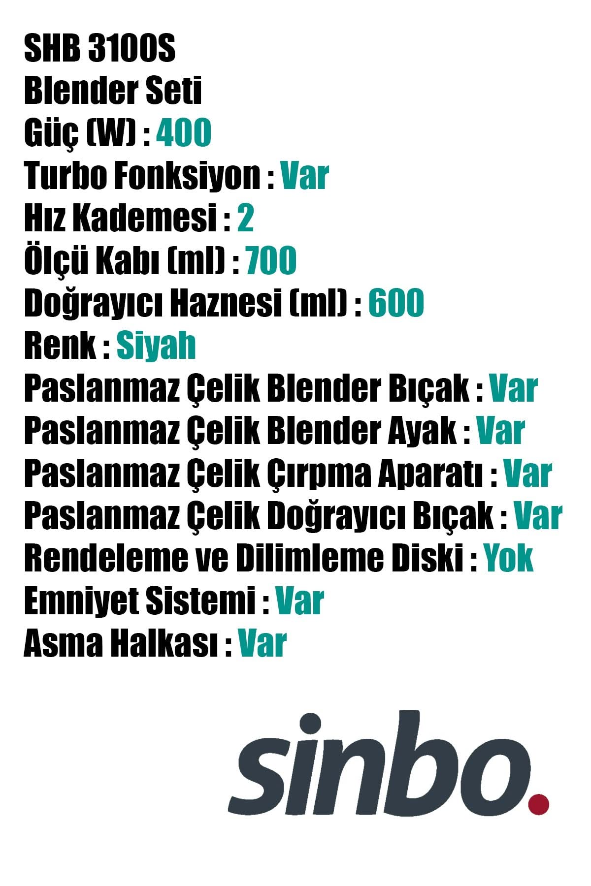 SİNBO SHB-3100S TURBO EL BLENDER SETİ - dibidip 